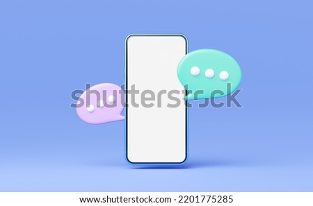 3d smartphone with chat bubble float on blue background. Mobile phone with blank white screen. Social media messages box, comment, speech balloon. Cartoon icon minimal smooth. 3d render. Clipping path