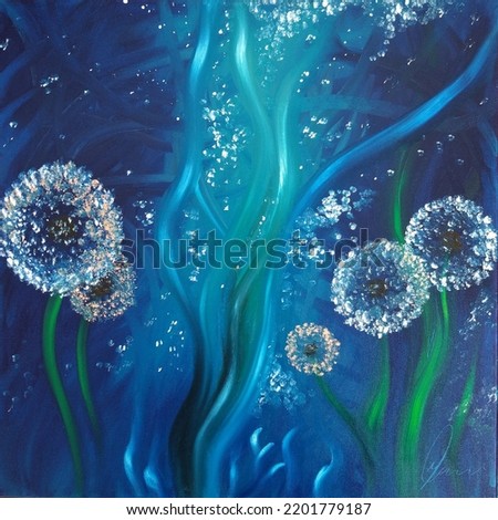 Photo of a painted picture, Genre - macro landscape, nature, dandelions, painting with paints. Can be used for inspiration and for use in various types of promotional products.