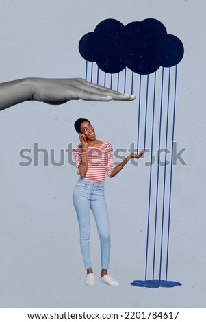 Vertical collage picture of big arm black white colors cover protect rain cloud mini person speak telephone isolated on drawing background