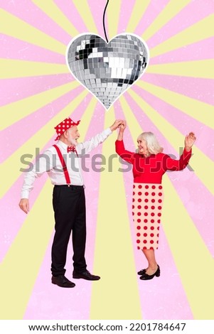 Vertical composite collage of two aged people hold arms have fun dancing heart shape disco ball isolated on painted background