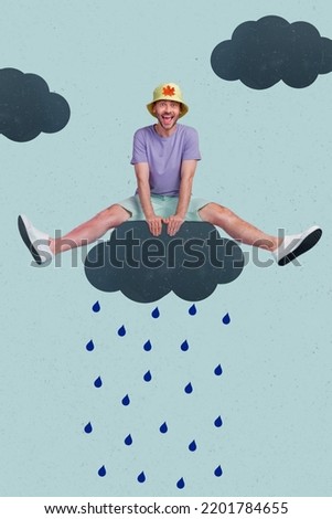 Vertical collage portrait of excited cheerful guy sit above rainy cloud isolated on painted creative background