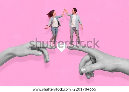 Composite collage image of two big arms fingers hold people black white gamma love concept isolated on pink background