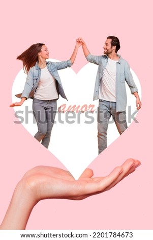 Creative template collage of two people fall in love hand show heart picture isolated on pink color background