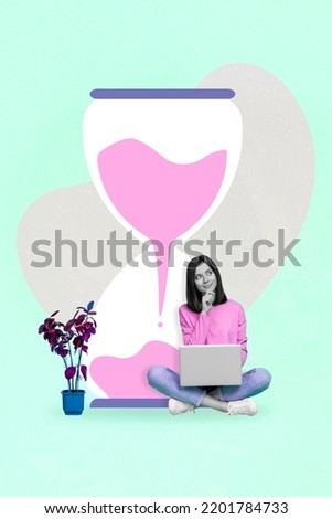 Vertical collage picture of minded girl black white gamma think use netbook painted big sand clock isolated on drawing background