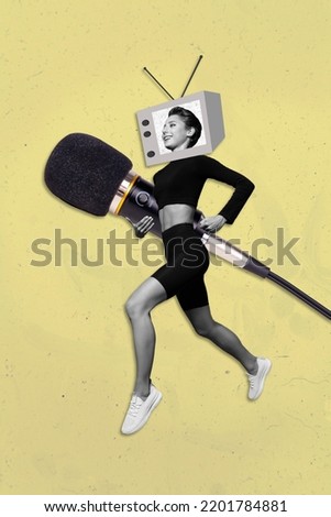 Vertical collage picture of running girl black white colors tv instead head hold big microphone isolated on drawing background