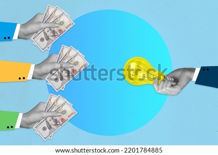 Composite collage illustration of human arms black white effect hold give dollar bills banknotes light bulb isolated on painted background