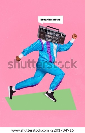 Vertical collage portrait of sportive person vintage radio instead head running hurry breaking news isolated on pink background