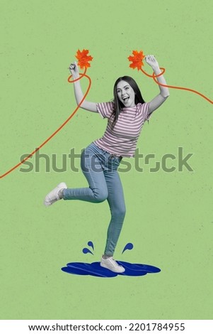 Vertical collage picture of cheerful positive girl black white colors arms hold maple leaves dancing puddle isolated on drawing background
