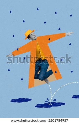 Vertical collage image of overjoyed guy arms wings fly jump puddle rainy weather isolated on painted background