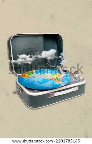 Vertical collage illustration of planet earth flat globe instead vinyl record player isolated on creative background