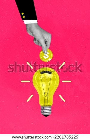 Vertical collage picture of human hand black white colors hold money coin put saving bank light bulb isolated on pink background