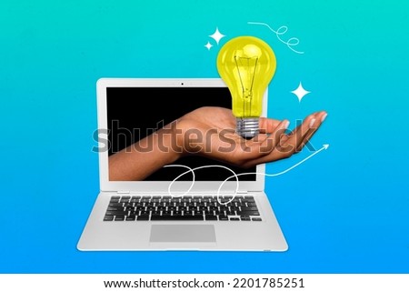 Creative trend collage of computer modern technology hand holding lightning electrical bulb excellent business idea drawing background
