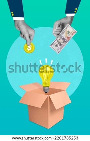Banner collage magazine poster of two hands put coins banknotes into carton box deposit savings concept