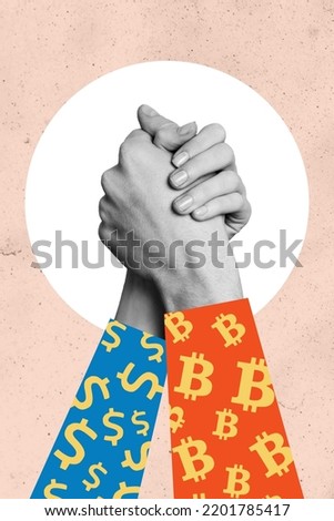 Creative photo collage artwork postcard poster sketch of two arm hold together money pattern isolated on painting background