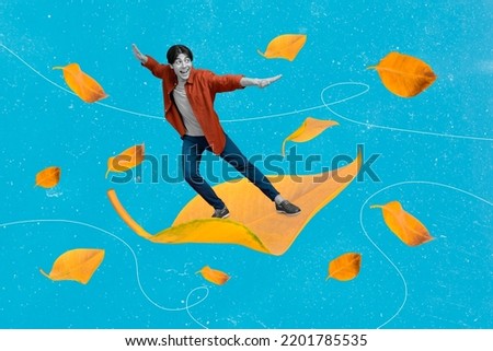 Exclusive minimal magazine sketch collage of happy funky funny small man surf flying autumn fall leaf windy weather enjoy season have fun