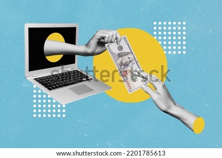 Creative photo collage artwork postcard poster sketch of money payment for subscription inside netbook isolated on painting background Royalty-Free Stock Photo #2201785613