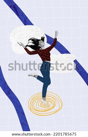 3d retro abstract creative artwork template collage of peaceful excited young woman jumping feel relaxed happy harmony pms comfort spring