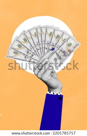 Creative 3d collage artwork postcard poster of person arm rising cash money fan isolated on painting background