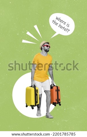 Creative photo artwork graphics collage of tired exhausted tourist man husband carrying heavy suitcases ask comics bubble want rest relax