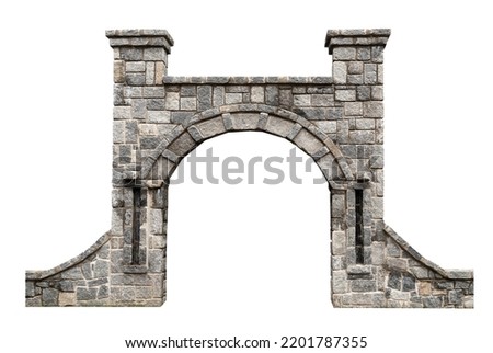 front view closeup of ancient door with architectural stone arcade archway and surrounding wall isolated on white background Royalty-Free Stock Photo #2201787355