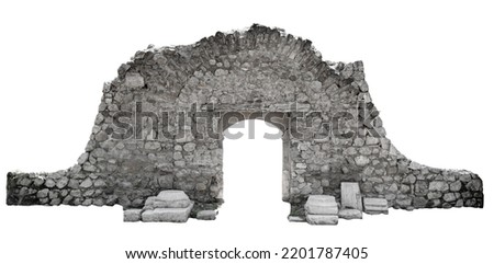 front view closeup of ancient door with architectural stone arcade archway and surrounding wall isolated on white background Royalty-Free Stock Photo #2201787405
