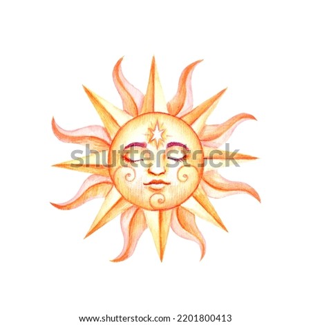 Watercolor magic sun with face isolated on white background. Illustration for astrological blogs, prints, label, tags.