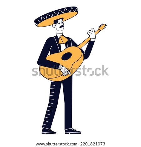 Isolated cute male mariachi character playing guitar Vector