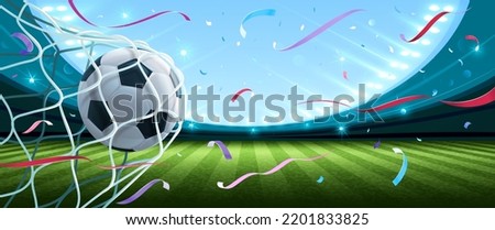 Hitting a soccer ball in a net with bright highlights. Vector