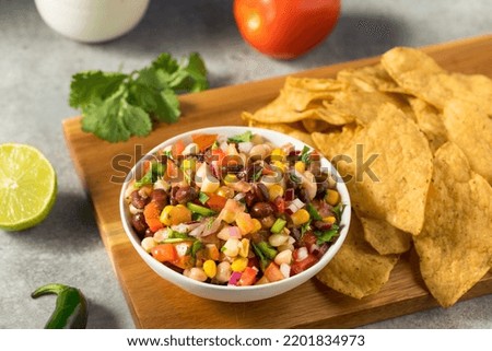 Homemade Organic Cowboy Caviar Dip with Corn Beans and Chips