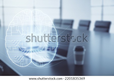 Double exposure of creative human brain microcircuit with computer on background. Future technology and AI concept