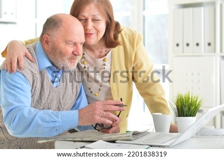 Portrait of senior couple using laptop and posingin the office