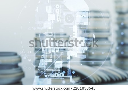 Double exposure of creative artificial Intelligence hologram on growing stacks of coins background. Neural networks and machine learning concept