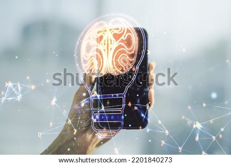 Creative idea concept with light bulb and human brain illustration and hand with phone on background. Neural networks and machine learning concept. Multiexposure