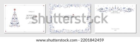 Holiday greeting cards. Universal Christmas templates with ornate Christmas Tree, floral banner and frame with copy space, birds and greetings.