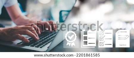 Guarantee Standards quality control certification concept. businessman working with sign of the top service Quality assurance, Guarantee, Standards, ISO certification and standardization concept. Royalty-Free Stock Photo #2201861585