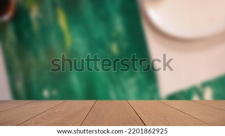Empty Wood Plate Top Table On Lighting In Night Cafe, Restaurant Blur Background