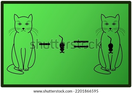 The green school board showing math example, cat minus mouse equals mouse eaten by cat