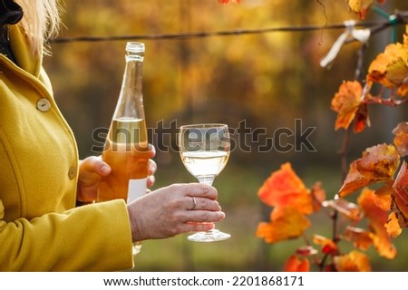 Woman pouring white wine from bottle into glass in vineyard. Autumn season in winery. Vintner wine tasting outdoors Royalty-Free Stock Photo #2201868171