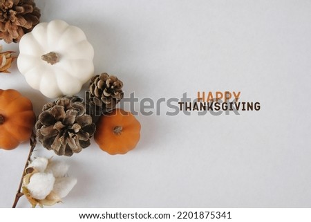 Top view flat lay of Happy Thanksgiving greeting card with pumpkins and rustic pine cones isolated on white background for holiday.