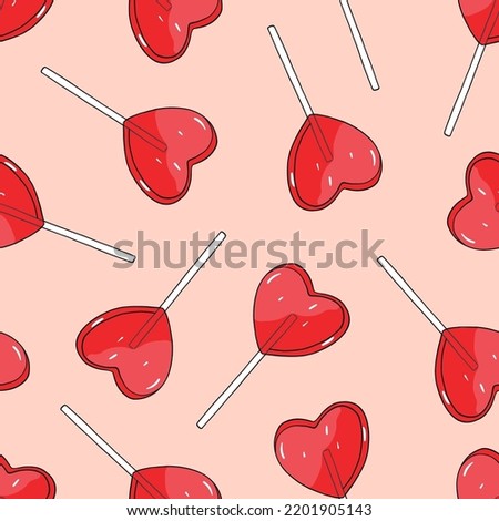 Love candy. Seamless pattern with red heart shaped lollipop. Background for Valentine’s Day and romantic holidays. Hand drawn vector illustration