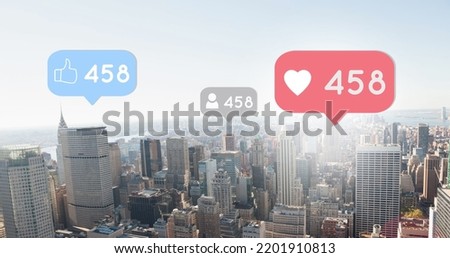 Digital composite of chat boxes containing social media icons and numbers counting up on a city background 4k