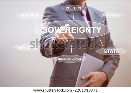 Businessman hand presses button state sovereignty on virtual panel. Royalty-Free Stock Photo #2201913971