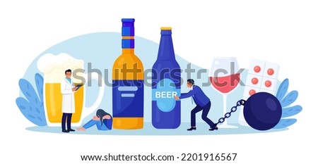 Addiction treatment, recovery and rehabilitation. Life-threatening condition. People in depression addicted to drugs, alcohol. Drink man chained to alcohol bottle. Strong hangover. Alcoholism therapy Royalty-Free Stock Photo #2201916567