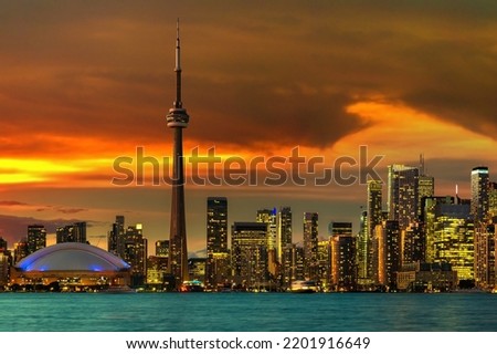 Panoramic view of Toronto skyline  at sunset, Ontario, Canada