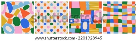 Fun colorful seamless pattern collection. Creative 90s style geometric shape background for children or trendy design with abstract collage shapes. Simple and playful doodle wallpaper print set.