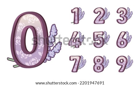 Design illustration in number letters design with lavender flowers, teapot and teacup, as an element, You can use these clipart for any custom project or used for as part of your design.