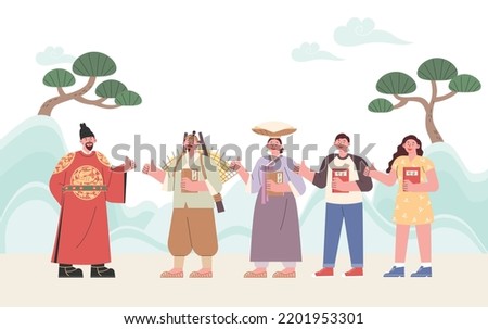 People of the past and present are grateful to King Sejong. People making thumbs up gesture. flat design style vector illustration. Translation:Hangul-Korean