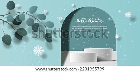Winter sale product banner, 
podium platform with geometric shapes and snowflakes background, paper illustration, and 3d paper. Royalty-Free Stock Photo #2201955799