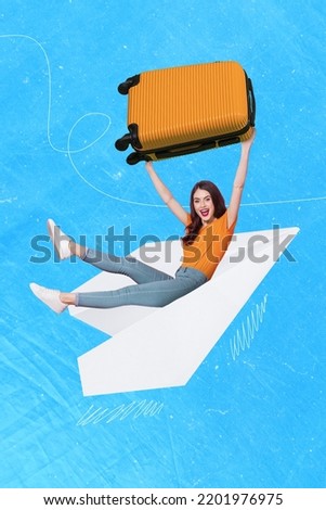 Retro abstract creative artwork template collage of excited happy young girl raising suitcase travel big paper plane abroad student tourist