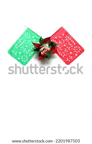 Tricolor decorative ornaments for Mexican parties in green, white and red: Pennants and pinwheels for celebrate Independence 15 september and Revolution Cinco de Mayo Royalty-Free Stock Photo #2201987503